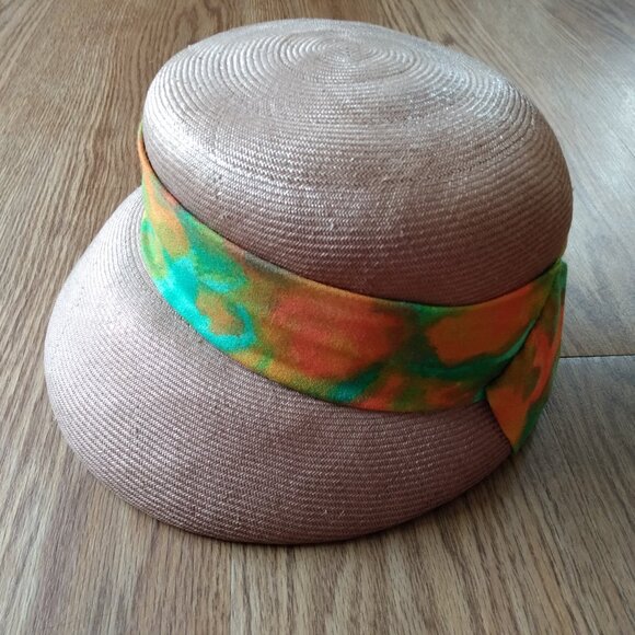 Vintage Taupe Straw Hat Tropical Orange Green Sash Sunhat Front Brim Rockabilly - Picture 5 of 12